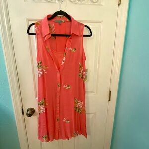Coral Floral Sleeveless Midi Dress - Spaghetti Strap Matching Slip
